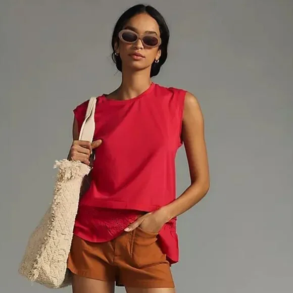 Anthropologie Tiny Ruffled Tank Top Tunic Tee Eyelet Lace Trim Pink Rose Size XL - Picture 1 of 8